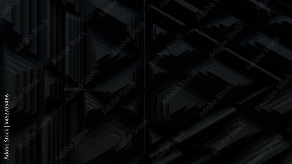 Black, Tech Background with a Geometric 3D Structure. Dark, Stepped design with Extruded Futuristic Forms. 3D Render. Black, Tech Background with a Geometric 3D Structure. Dark, Stepped design with Extruded Futuristic Forms. 3D Render.