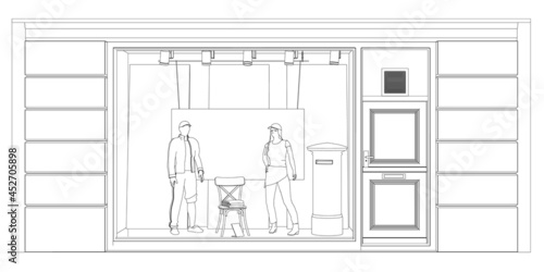 Outline of a shop window with mannequins in clothes made of black lines isolated on a white background. Front view. Vector illustration