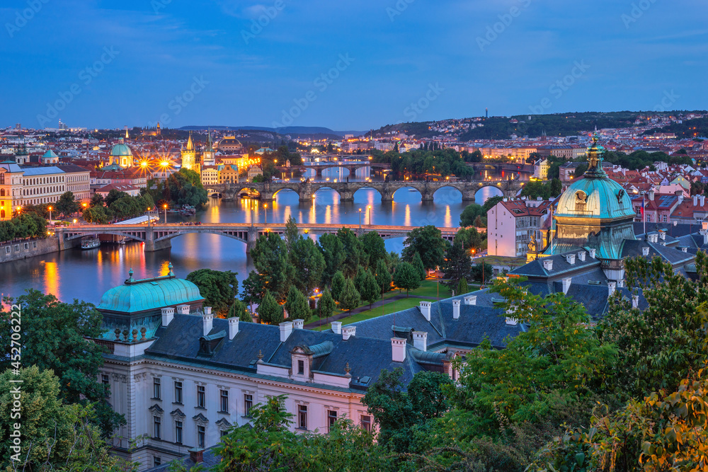 Prague Czech Republic, high angle view night city skyline at Charles Bridge and Vltava River, Czechia