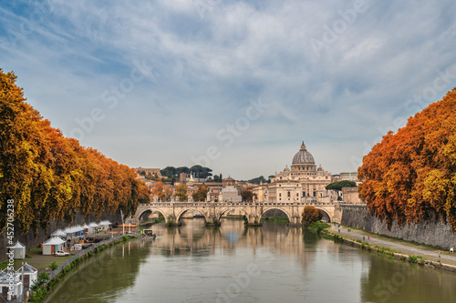 Rome Vatican, city skyline at Tiber River with autumn foliage season