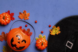 Top view of accessories for the celebration of Halloween. Flat lay copy space close-up