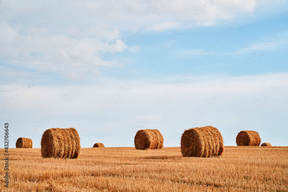 Straw bales in front of blue sky background