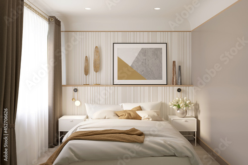 A bright bedroom in beige tones with a horizontal poster and decor on the headboard  a window with brown curtain  knitted pillows and a blanket on the bed  light tulips on the bedside table. 3d render