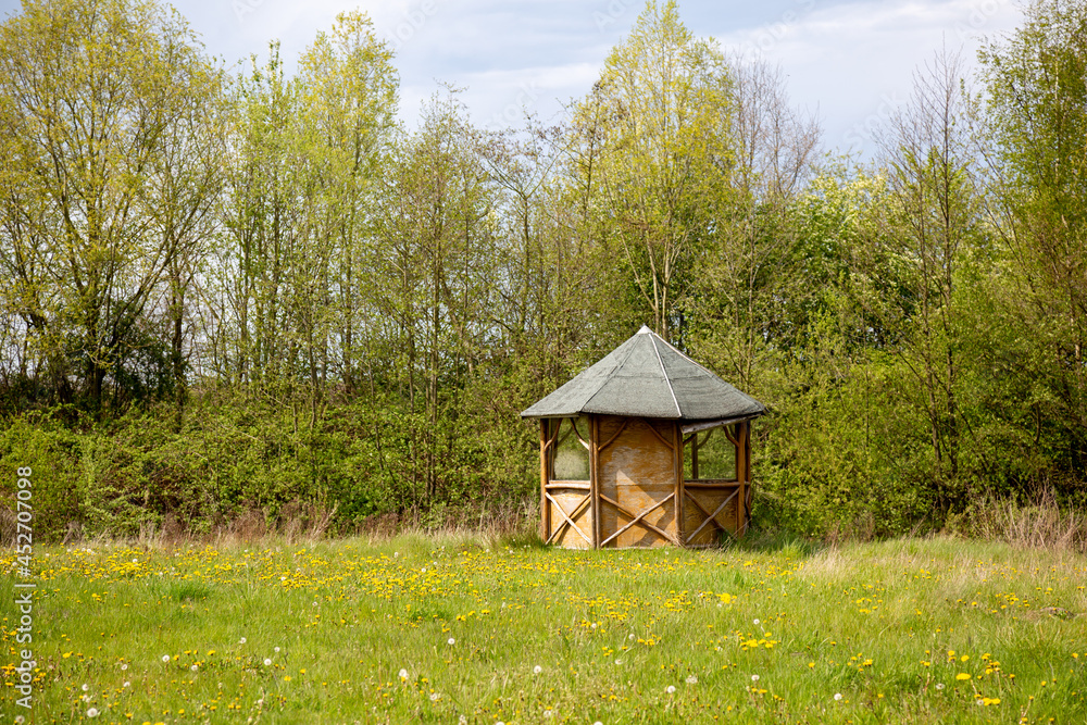Ein kleines Holzhaus steht auf einer Wiese im Grünen