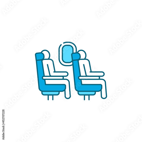 Passengers are sitting in the seats on the plane black line icon.