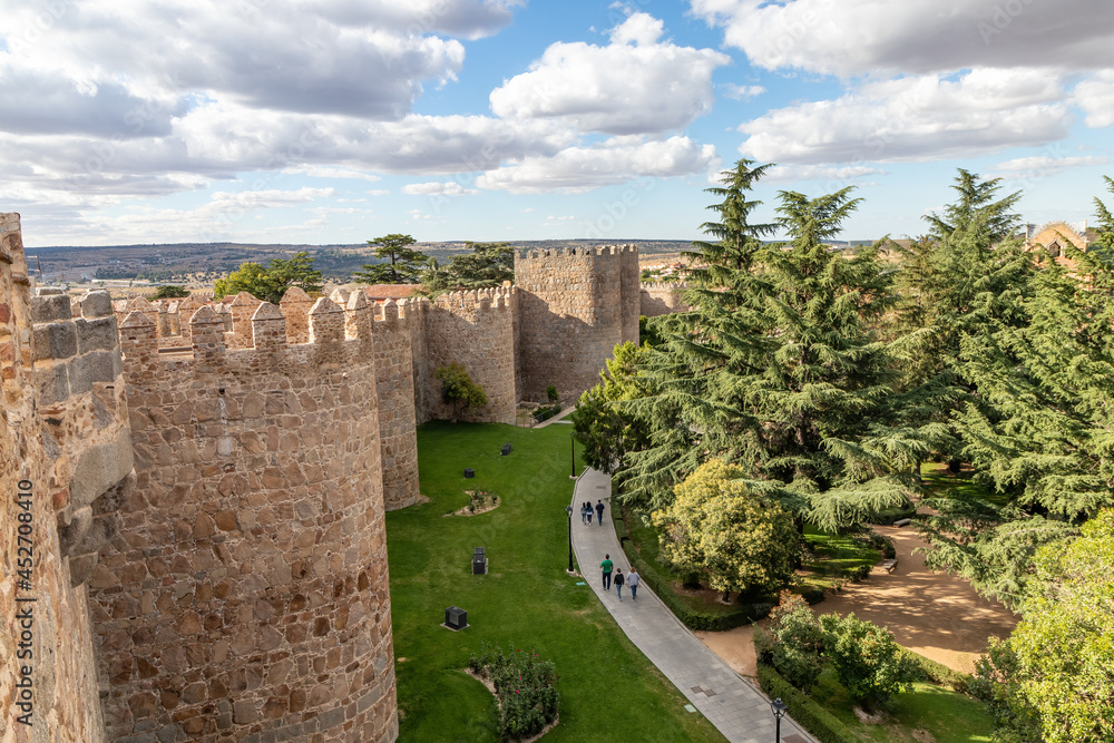 View of the historic walls of city of Avila, Spain, famous medieval city. Called City of Stones and Saints
