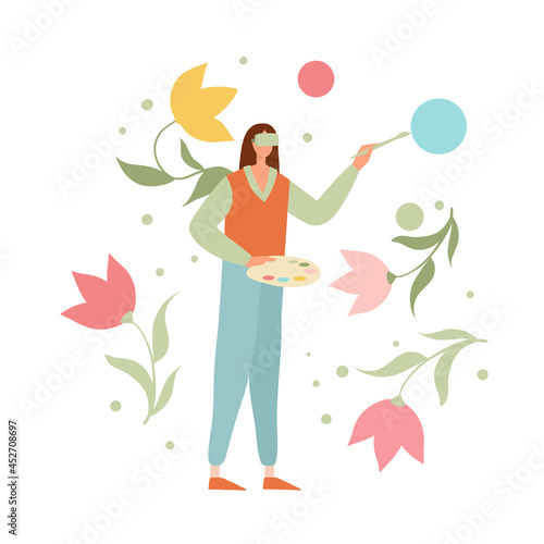 Person painting in virtual reality using VR headset. Modern artist in drawing simulation glasses. Colored flat cartoon vector illustration of woman creating in cyberspace isolated on white background