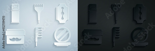 Set Hairbrush, Blade razor, Cream lotion cosmetic jar, Makeup powder with mirror, and Shaving gel foam icon. Vector