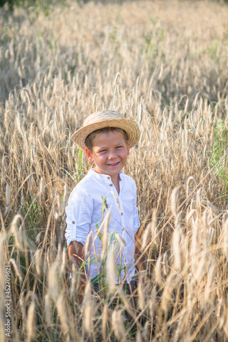 cute kid boy in straw hat walking on wheat  field and watching into the distance. A child walks outside in the countryside. Lifestyle