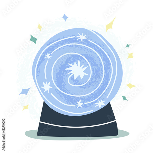Magic crystal ball, flickering future teller with stars in the middle. Mystic, fortune telling, astromancy concept.