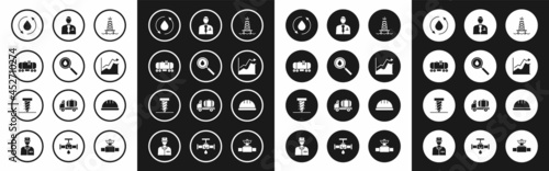 Set Oil rig with fire, drop, railway cistern, price increase, Businessman or stock market trader, Worker safety helmet and Rotating drill digging hole icon. Vector
