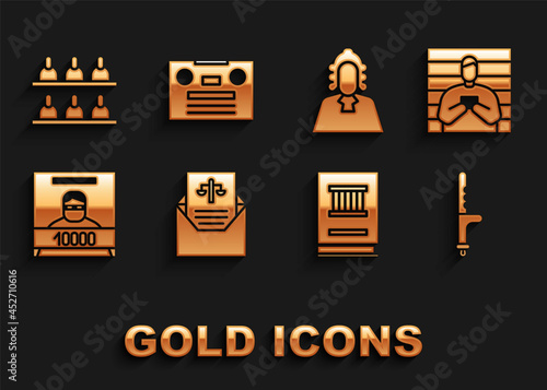 Set Subpoena, Suspect criminal, Police rubber baton, Law book, Wanted poster, Judge, Jurors and Retro audio cassette tape icon. Vector
