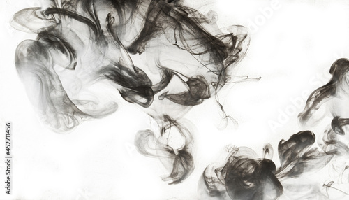 Abstract paint in water background. Black smoke cloud in motion on white, acrylic swirl splashes