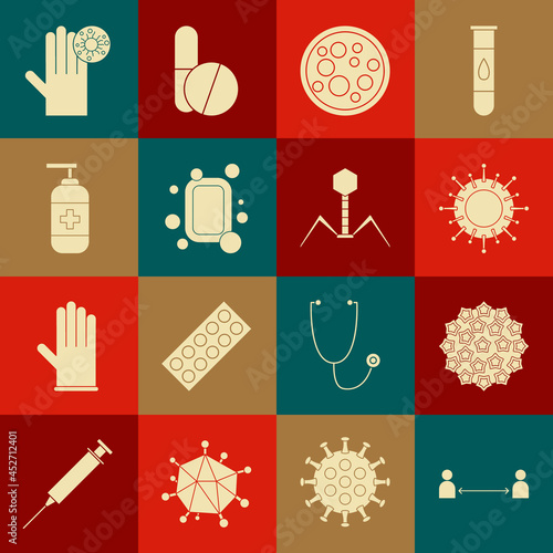 Set Safe distance, Virus, Bar of soap, Bottle liquid antibacterial, Hand with virus and Bacteria bacteriophage icon. Vector