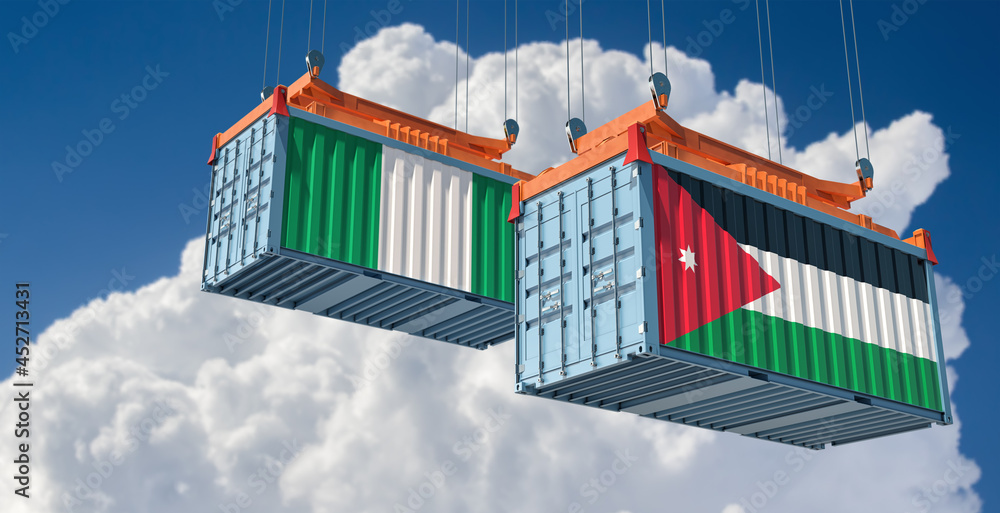 Freight containers with Jordan and Nigeria national flags. 3D Rendering 