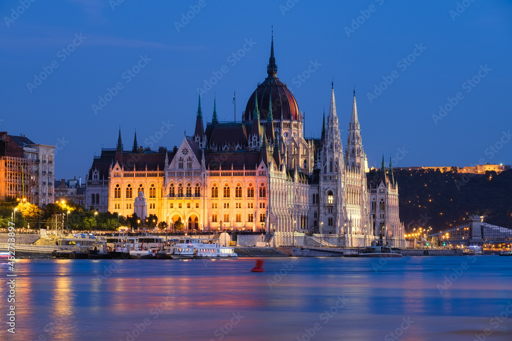 Budapest, Hungary. A classic view of the historic parliament building. Danube River and Parliament at hight.