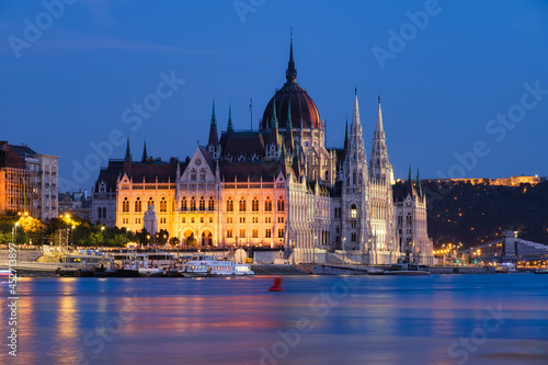Budapest, Hungary. A classic view of the historic parliament building. Danube River and Parliament at hight.