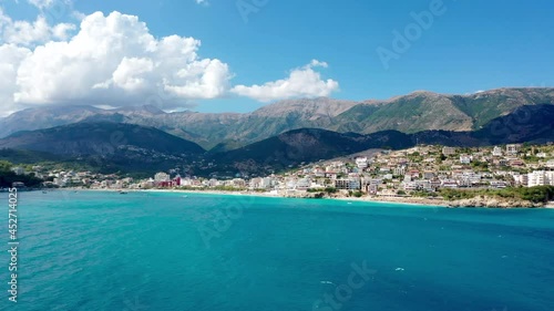 Birdseye view of Himara Beach and Adriatic Sea. Beautiful water Albania Riviera photo