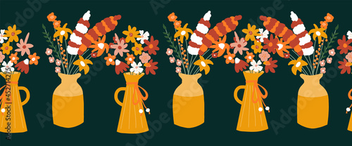 Autumn Flower vase seamless vector border. Repeating horizontal pattern with colorful fall flowers. Use for autumn decor, Thanksgiving, greeting cards, fabric trim, footer, banner, headers.