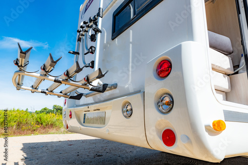 Bike rack on the back of a caravan