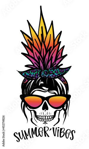 Summer vibes - Skull head with pineapple bun. Beautiful woman skull with aviator sunglasses and cheetah print bandana. Mom skull with messy bun, getting stuff done. Sugar skull with leopard pattern.