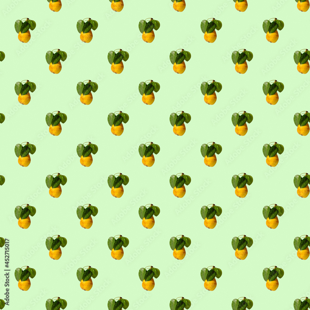 Ripe juicy yellow pears with green leaves on a colored background. Seamless patterns.