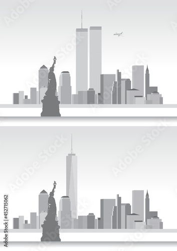 Old and new New York skyline, United States of America, before and after 9/11, vector illustration
