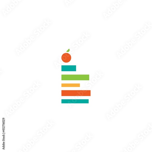 stack of colorful books and red apple on top. Geometric logo isolated on white blue background.
