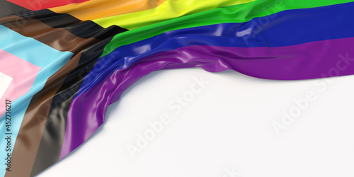 Gay pride sign redesign. Rainbow colors, new LGBT progress flag, on white background, copy space, 3d illustration