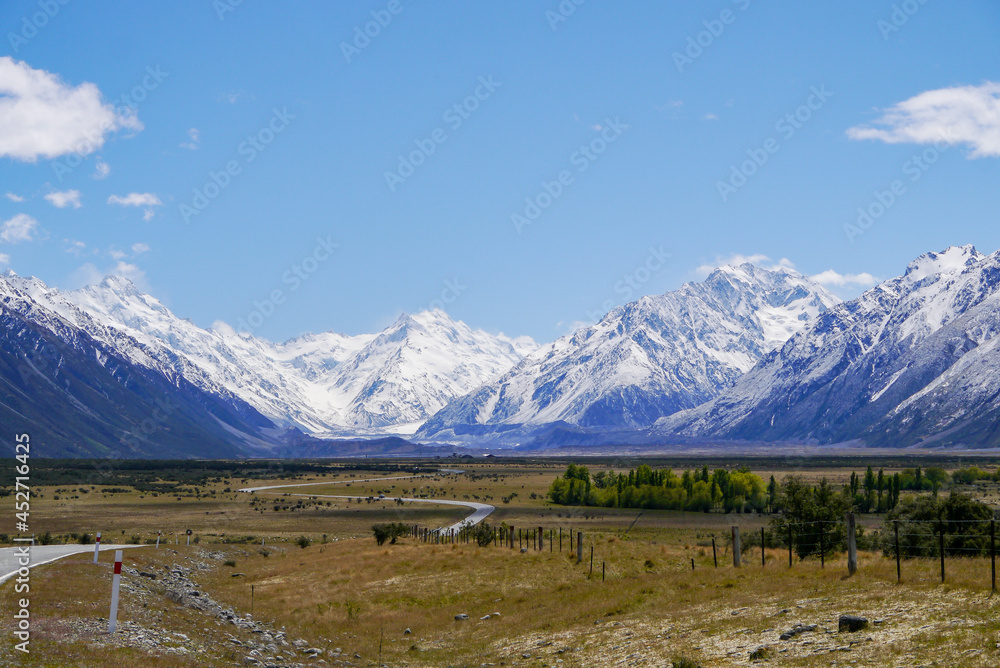 Mountains and road at Glacier valley with Tasman river, Mount Cook, New Zealand