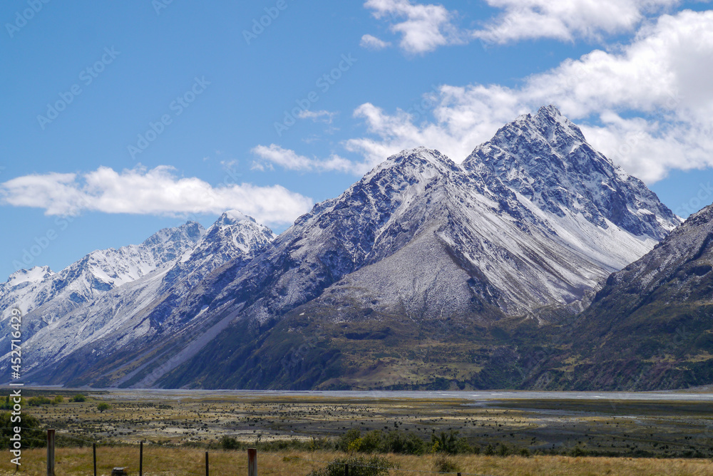Mountains at Glacier valley with Tasman river, Mount Cook, New Zealand