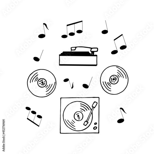 turntables and vinyl record and musical notes around. Hand drawn in doodle style. vector, scandinavian, monochrome. composition template for design card, sticker, poster. music melody