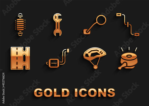 Set Bicycle pedal, pedals, bell, helmet, lane, rear view mirror, suspension and Wrench spanner icon. Vector