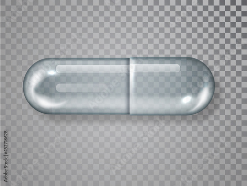 Glass empty capsule, medical pill isolated. Vector realistic 3d white medical pill