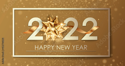 Happy New Year 2022 winter holiday greeting card design template. Party poster, banner or invitation gold glittering stars confetti glitter decoration. Vector background with golden gift bow