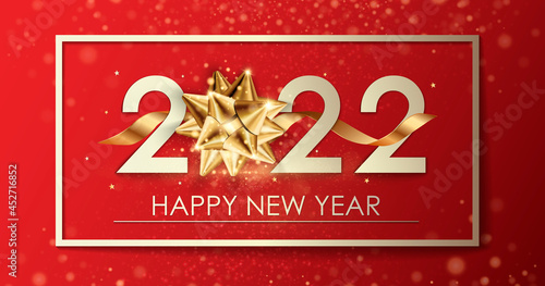 Happy New Year 2022 winter holiday greeting card design template. Party poster, banner or invitation gold glittering stars confetti glitter decoration. Vector background with golden gift bow