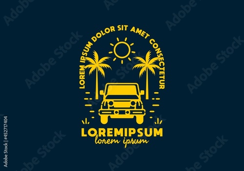 Off road car on the beach line art with lorem ipsum text
