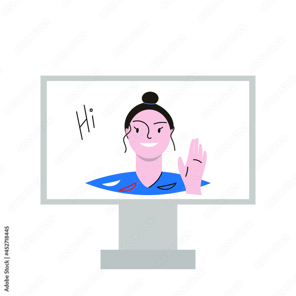 pretty girl smiles and greets with a gesture from the computer pretty girl smiles and greets with a gesture from the computer