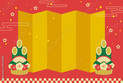 new years vector background with a folding screen and pine decorations for banners, greeting cards, flyers, social media wallpapers, etc.