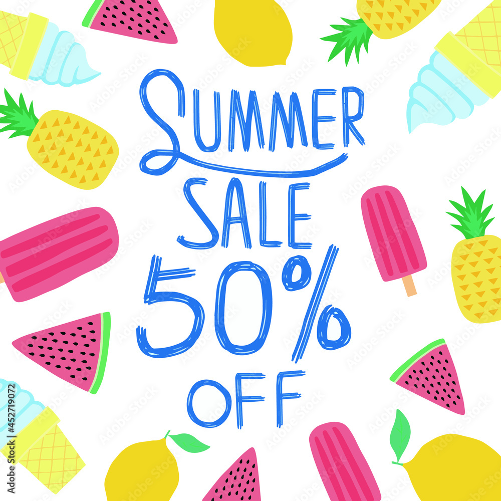 Summer sale vector poster set with 50% off discount text and summer elements in colorful backgrounds for store marketing promotion. Vector illustration. Summer sale vector poster set with 50% off discount text and summer elements in colorful backgrounds for store marketing promotion. Vector illustration.