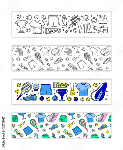 Banners with tennis and sport items.