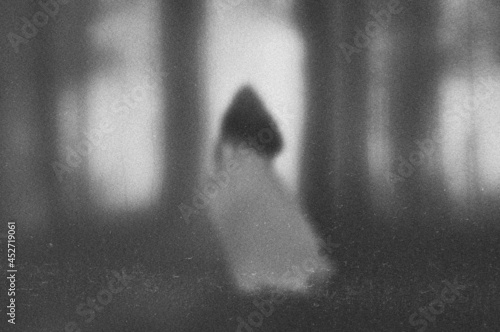 Принти на полотні A ghostly transparent woman in a dress standing in a forest