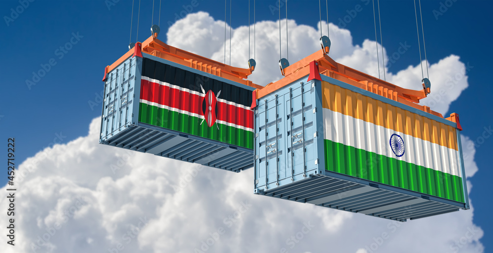 Freight containers with India and Kenya national flags. 3D Rendering 
