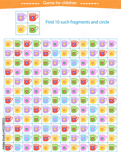  A game for children. Find the fragments of the mugs shown in the sample. Development of attention, thinking