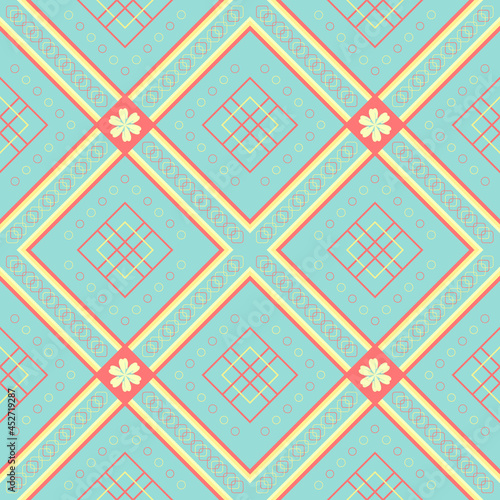 ethnic pattern with geometric seamless flower in green background for fabric with spring pastel color