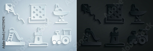 Set Sand tower, Swing boat, Kid slide, Toy train, Climbing wall and Kite icon. Vector