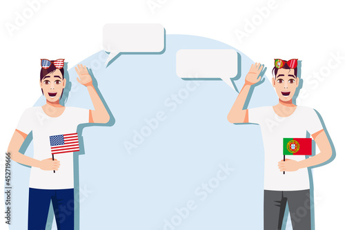 Men with American and Portuguese flags. Background for the text. The concept of sports, political, education, travel and business relations between the USA and Portugal. Vector illustration.