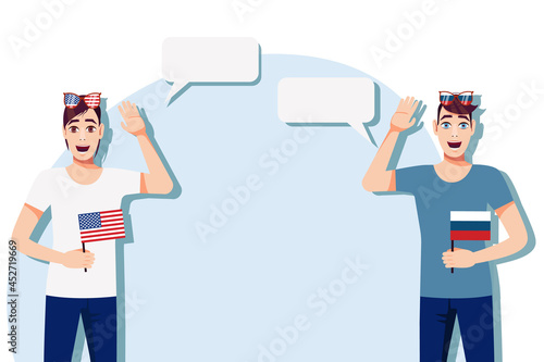 Men with American and  Russian flags. Background for the text. Communication between native speakers of the language. Vector illustration.