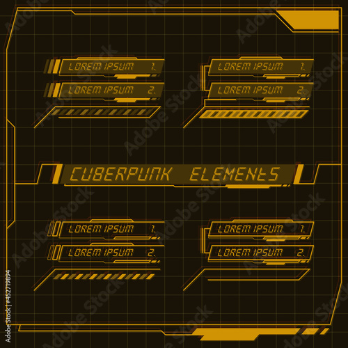 Scifi futuristic control panel collection of HUD elements GUI VR UI design Cyberpunk retro style.