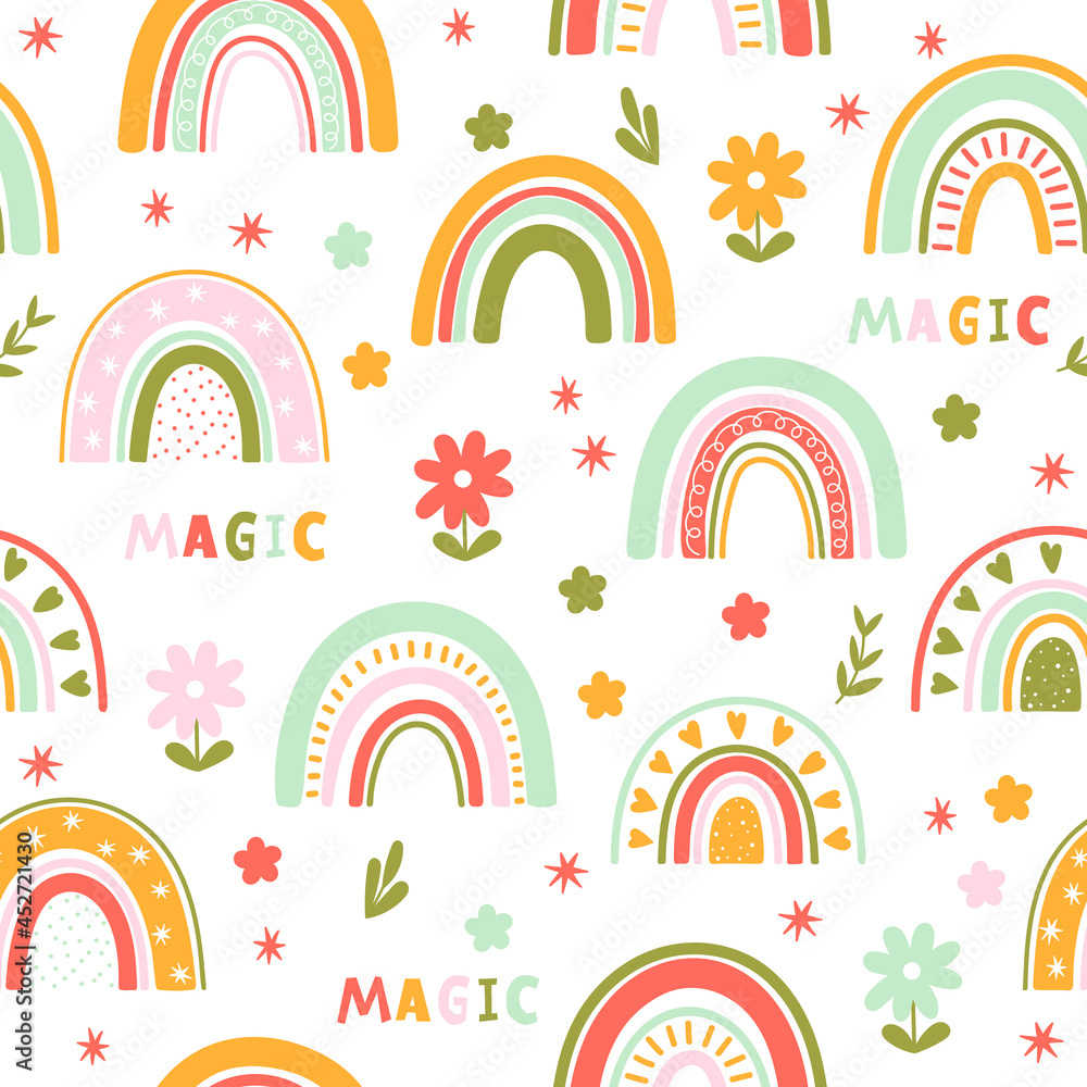 Seamless pattern with bright rainbows and flowers on a white background. Childish illustration. Seamless pattern with bright rainbows and flowers on a white background. Childish illustration.
